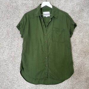 Lola‎ River Linen Camp Shirt Size Small Army Green Hi Low Collared Button Up Top